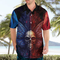 Multicolor Hawaiian shirt on model, skull graphic, short sleeves, button-up collar