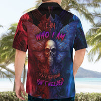 Multicolor Hawaiian shirt back with skull graphic and "I AM WHO I AM" text