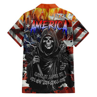 Unisex Hawaiian shirt with orange collar, US stars/stripes and skull warrior print