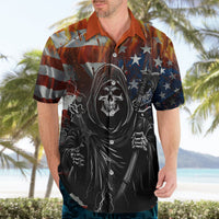 Unisex Hawaiian shirt worn with orange collar, skull and US flag stars print
