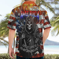Unisex Hawaiian shirt back view with orange collar and large America skull graphic