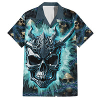 Dark Hawaiian shirt with large teal skull armor graphic, button-up open collar