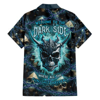 Dark teal and black Hawaiian shirt with skull graphic, open collar, short sleeves
