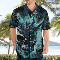 Men's Hawaiian shirt in dark blue with teal skull graphic, short sleeves, open collar