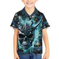 Kids Hawaiian shirt with teal skull and blue chain print, button-up open collar