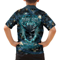 Hawaiian shirt back view: skull with teal chains and text, short sleeves, open collar