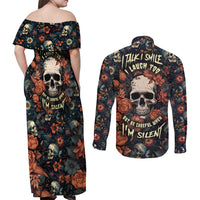 I Talk I Smile I Laugh Too But Be Care Ful When I'm Silent Couples Matching Off Shoulder Maxi Dress and Long Sleeve Button Shirts - Wonder Print Shop