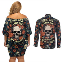 I Talk I Smile I Laugh Too But Be Care Ful When I'm Silent Couples Matching Off Shoulder Short Dress and Long Sleeve Button Shirts - Wonder Print Shop