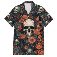 Skull and rose Hawaiian shirt, short sleeves, button front, dark navy floral print