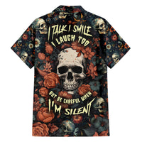 Floral skull Hawaiian shirt with slogan, short sleeves, button front, dark navy