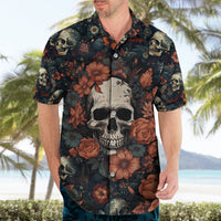 Skull and rose Hawaiian shirt on model, short sleeves, dark navy button-front print