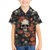Kids Hawaiian shirt with skull and rose print, short sleeves, button front, dark navy