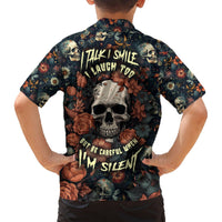Back view Hawaiian shirt with skull floral print and I'M SILENT slogan, short sleeves