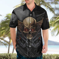 Black Hawaiian shirt worn by model, skull-wing and chain print, short sleeves