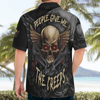 Black Hawaiian shirt worn by model, back print with skull wings and chain design