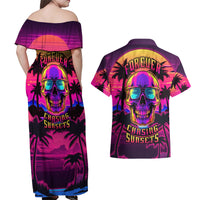 Foreuer Chasing Sunsets Skull Couples Matching Off Shoulder Maxi Dress and Hawaiian Shirt - Wonder Print Shop