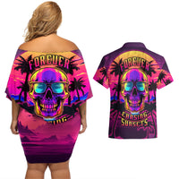 Foreuer Chasing Sunsets Skull Couples Matching Off Shoulder Short Dress and Hawaiian Shirt - Wonder Print Shop
