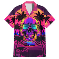 Adult Hawaiian shirt back view with skull and palm trees artwork, purple-pink