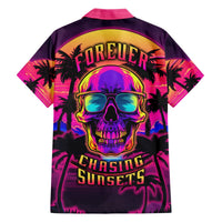 Adult Hawaiian shirt with skull, neon sunglasses, and palm trees on purple-pink