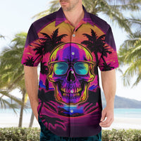 Men's Hawaiian shirt, short sleeves, purple-pink skull with neon sunglasses and palms
