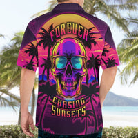 Men's Hawaiian shirt back view, purple-pink with skull sunglasses and palm silhouettes