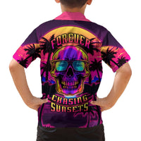 Kids Hawaiian shirt back view, purple-pink skull sunglasses and palm tree print