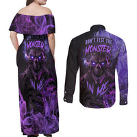 Don't Test The Monster In Me Couples Matching Off Shoulder Maxi Dress and Long Sleeve Button Shirts - Wonder Print Shop