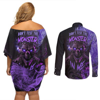 Don't Test The Monster In Me Couples Matching Off Shoulder Short Dress and Long Sleeve Button Shirts - Wonder Print Shop