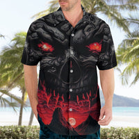 Black Hawaiian shirt worn by model: red/gray devil skull graphic, short sleeves, button placket
