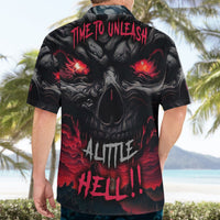 Black Hawaiian shirt worn from back: red slogan and devil skull graphic, short sleeves