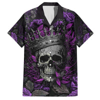 Black and purple Hawaiian shirt with skull and ornamental print, camp collar, button front