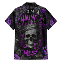 Black and purple Hawaiian shirt with skull crown graphic, short sleeves, button front