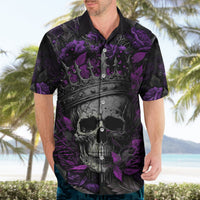 Black and purple skull Hawaiian shirt with floral accents, short-sleeve button-up style