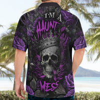 Black and purple Hawaiian shirt showing back graphic with skull crown and purple roses