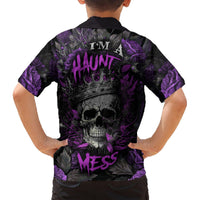 Kids black and purple Hawaiian shirt, back view with skull crown and “I’m a Haunt Mess” text
