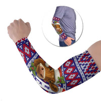Cow in Santa Hat Be Kind Message Arm Sleeves with Red Blue Knit Pattern Design - Wonder Print Shop