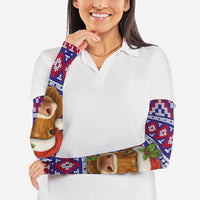 Cow in Santa Hat Be Kind Message Arm Sleeves with Red Blue Knit Pattern Design - Wonder Print Shop