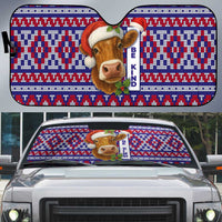 Cow in Santa Hat Be Kind Message Auto Sun Shade with Red Blue Knit Pattern Design - Wonder Print Shop