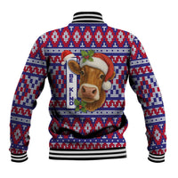 Cow in Santa Hat Be Kind Message Baseball Jacket with Red Blue Knit Pattern Design - Wonder Print Shop