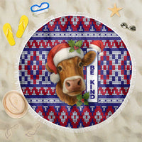 Cow in Santa Hat Be Kind Message Beach Blanket with Red Blue Knit Pattern Design - Wonder Print Shop