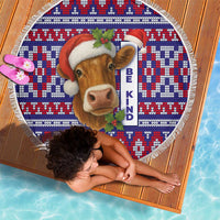 Cow in Santa Hat Be Kind Message Beach Blanket with Red Blue Knit Pattern Design - Wonder Print Shop
