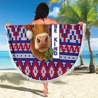Cow in Santa Hat Be Kind Message Beach Blanket with Red Blue Knit Pattern Design - Wonder Print Shop