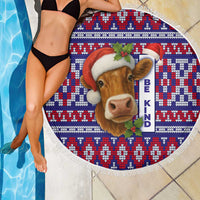 Cow in Santa Hat Be Kind Message Beach Blanket with Red Blue Knit Pattern Design - Wonder Print Shop