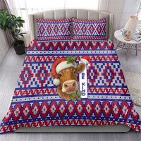 Cow in Santa Hat Be Kind Message Bedding Set with Red Blue Knit Pattern Design - Wonder Print Shop