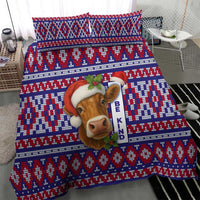 Cow in Santa Hat Be Kind Message Bedding Set with Red Blue Knit Pattern Design - Wonder Print Shop