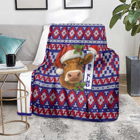 Cow in Santa Hat Be Kind Message Blanket with Red Blue Knit Pattern Design - Wonder Print Shop