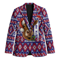 Cow in Santa Hat Be Kind Message Blazer with Red Blue Knit Pattern Design - Wonder Print Shop