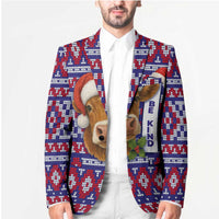 Cow in Santa Hat Be Kind Message Blazer with Red Blue Knit Pattern Design - Wonder Print Shop