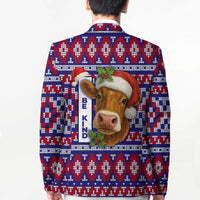 Cow in Santa Hat Be Kind Message Blazer with Red Blue Knit Pattern Design - Wonder Print Shop