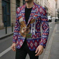 Cow in Santa Hat Be Kind Message Blazer with Red Blue Knit Pattern Design - Wonder Print Shop